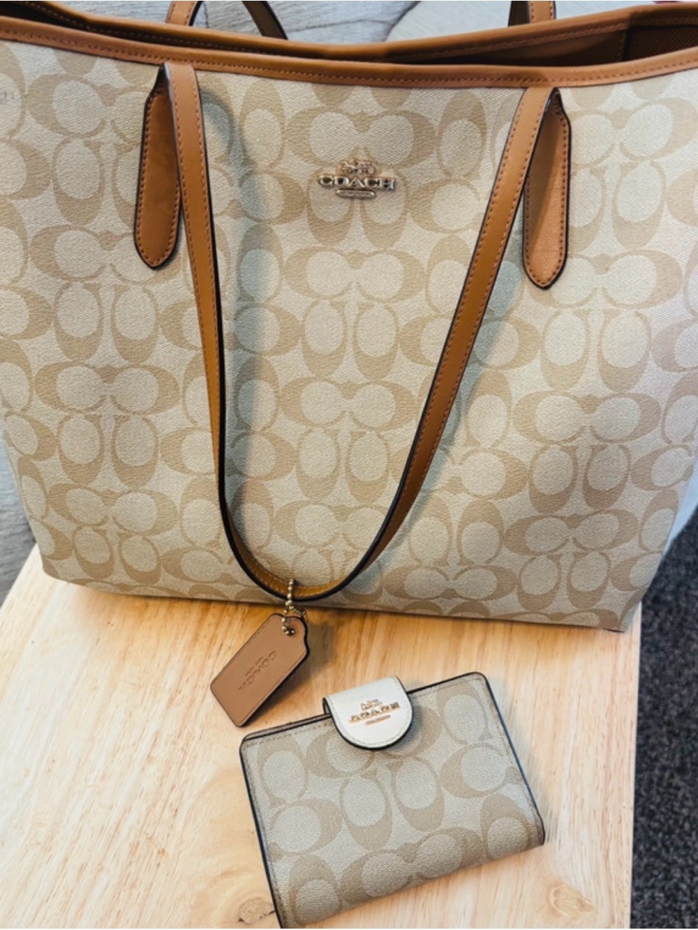 Coach Khaki and Tan Signature Canvas Tote with Matching Wallet